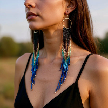 Extra Long Beaded Hoop Tassel Earrings