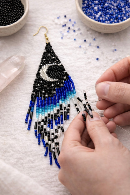 Black & Blue Beaded Moon Fringe Earrings