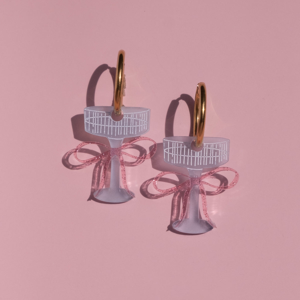 Pink Bow Champagne Glass Hoop Earrings | Cocktail Jewellery