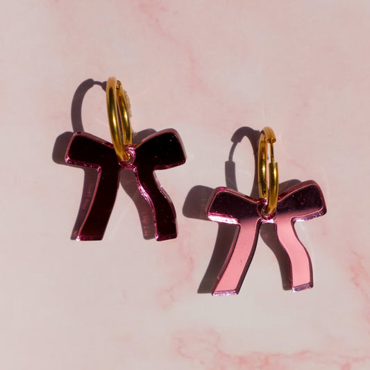 Reflective Pink Bow Hoop Earrings | Bow Jewellery