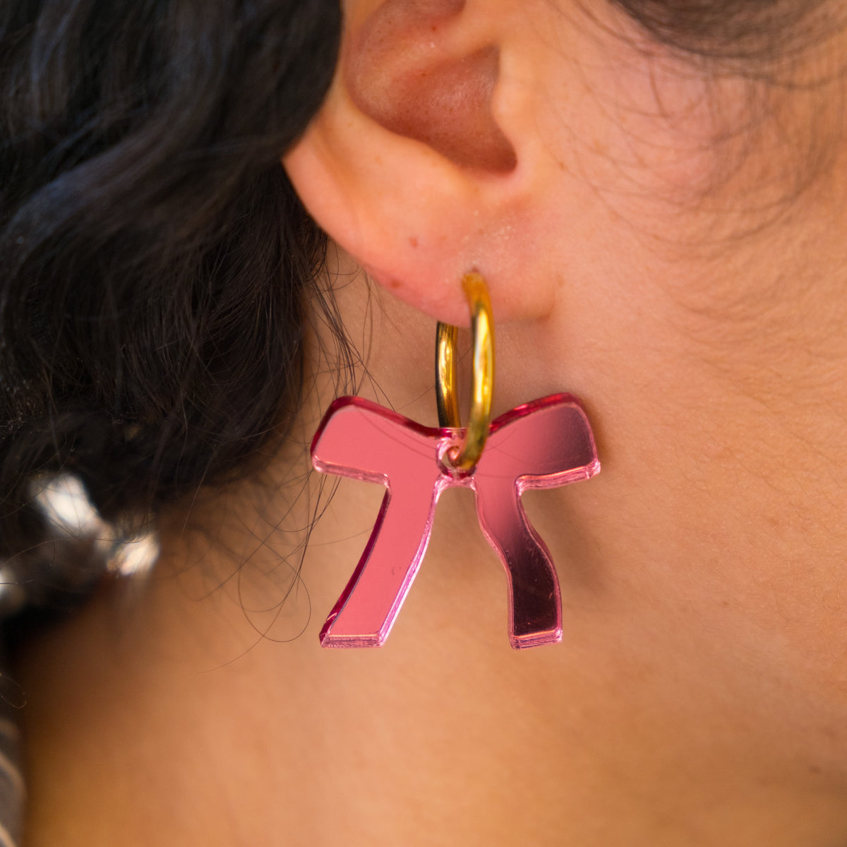 Reflective Pink Bow Hoop Earrings | Bow Jewellery