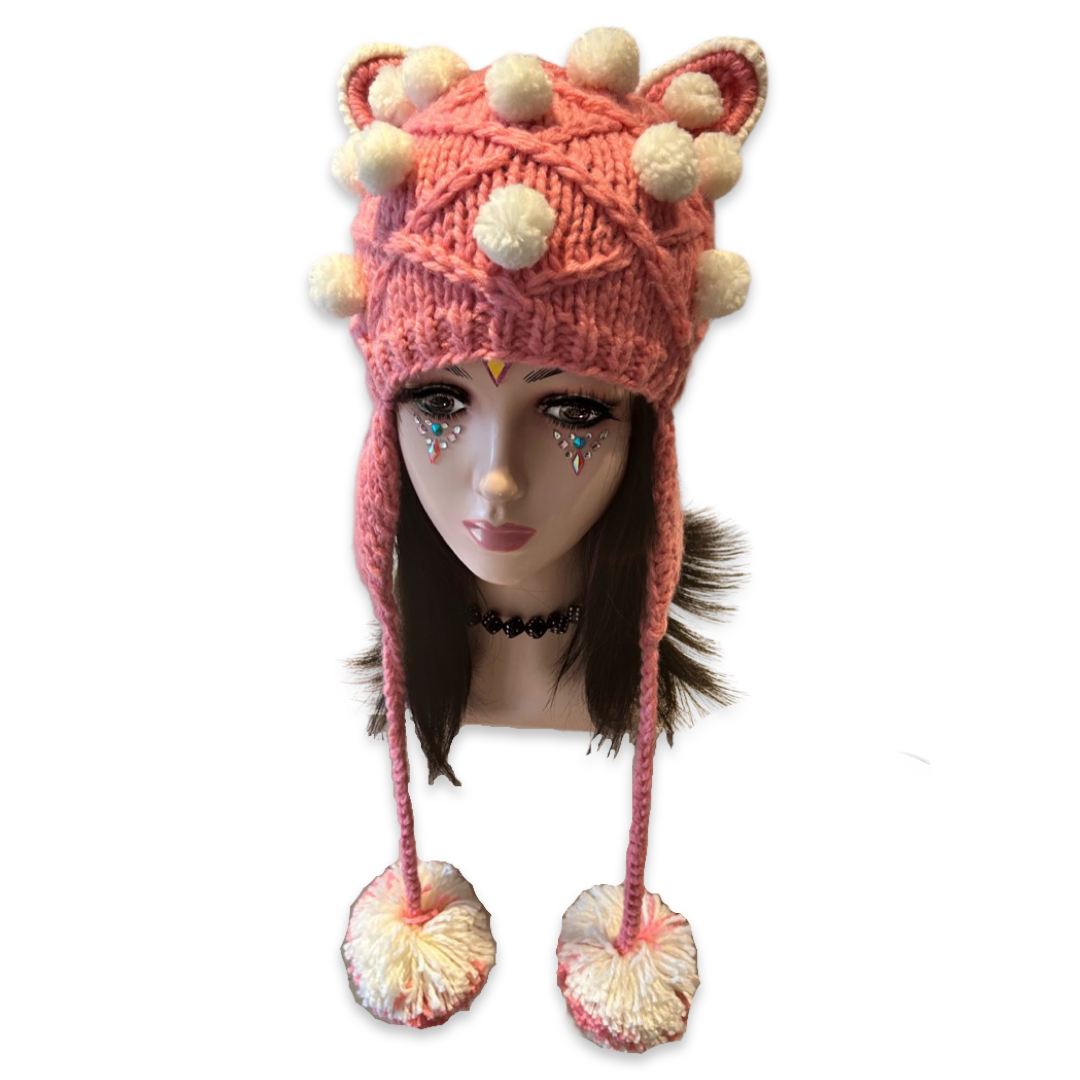 Handmade cat bear ears knitted hat with 2 big pom-poms, pink