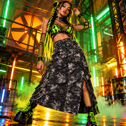 Black Acid-Wash Utility Midi Skirt with O-Rings & Chains | Banned Apparel
