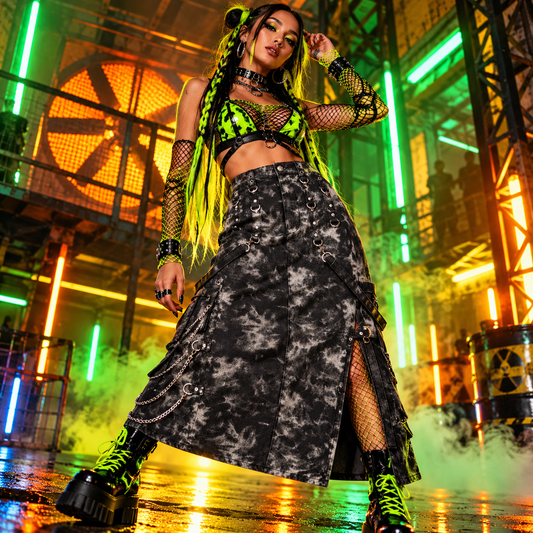 Black Acid-Wash Utility Midi Skirt with O-Rings & Chains | Banned Apparel