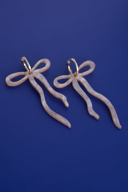 Pearlescent Beige Dangly Bow Hoop Earrings | Bow Jewellery