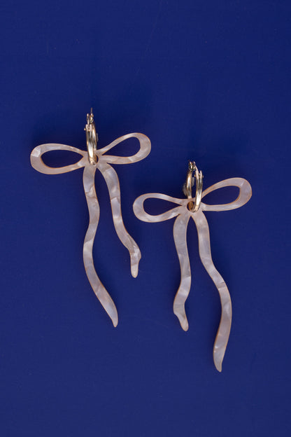 Pearlescent Beige Dangly Bow Hoop Earrings | Bow Jewellery