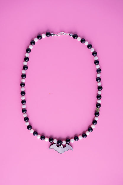 Black & White Bat Beaded Necklace | Gothic Halloween Jewellery