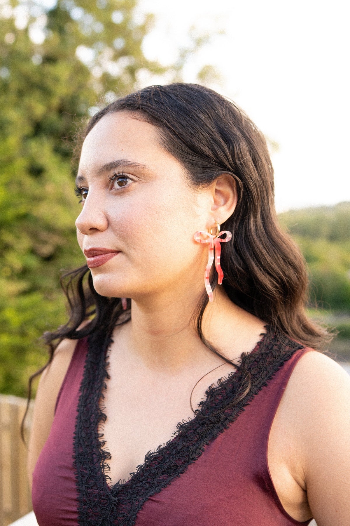 Pearlescent Beige Dangly Bow Hoop Earrings | Bow Jewellery