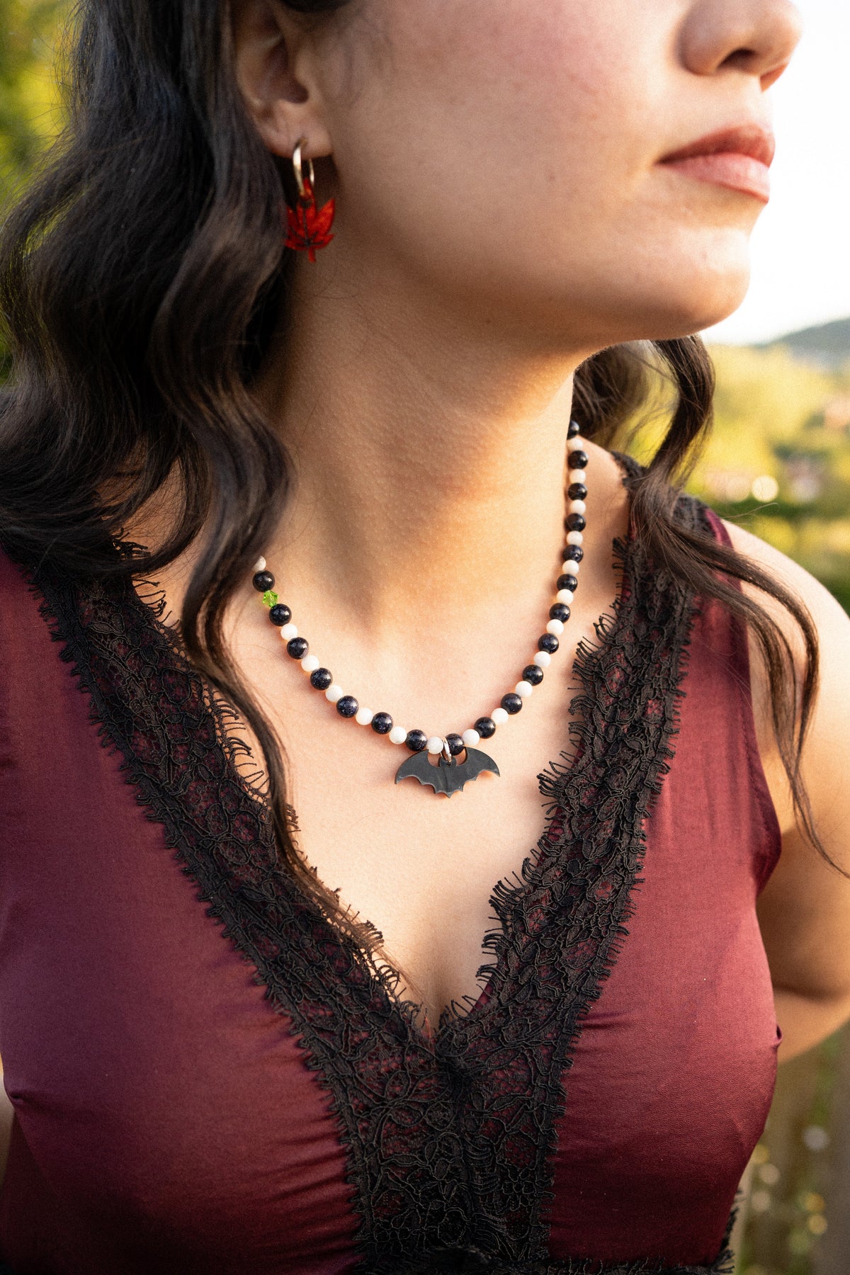 Black & White Bat Beaded Necklace | Gothic Halloween Jewellery