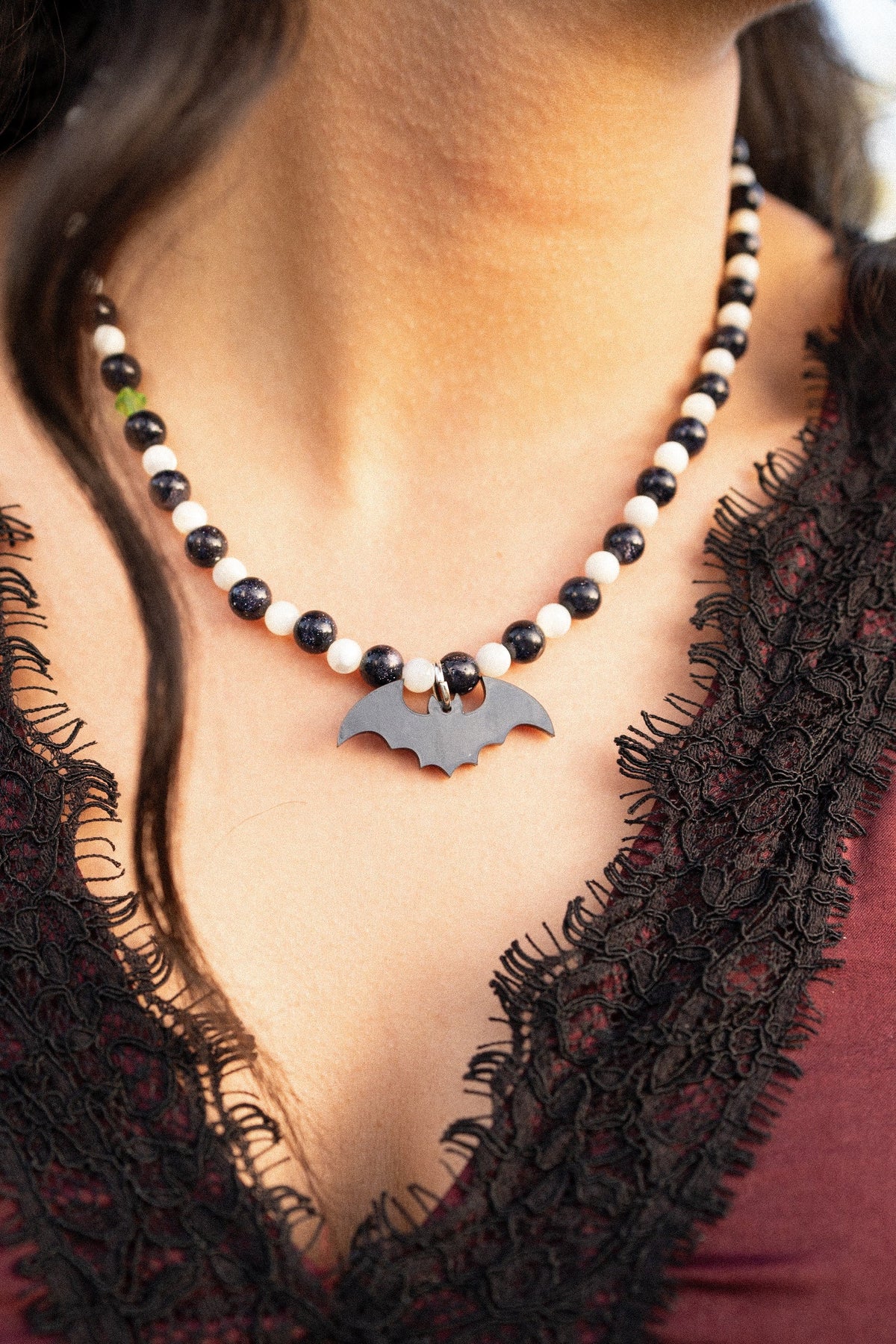 Black & White Bat Beaded Necklace | Gothic Halloween Jewellery