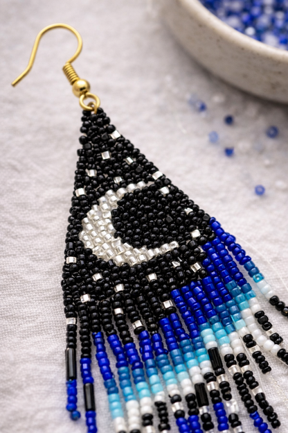 Black & Blue Beaded Moon Fringe Earrings
