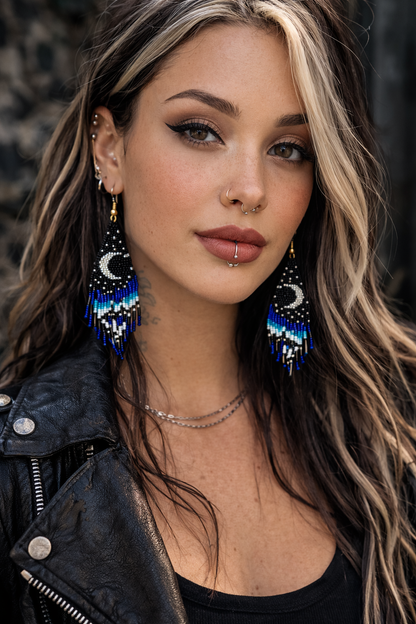 Black & Blue Beaded Moon Fringe Earrings