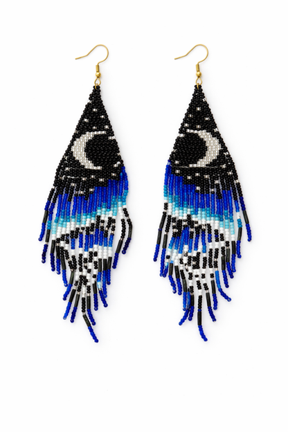 Black & Blue Beaded Moon Fringe Earrings