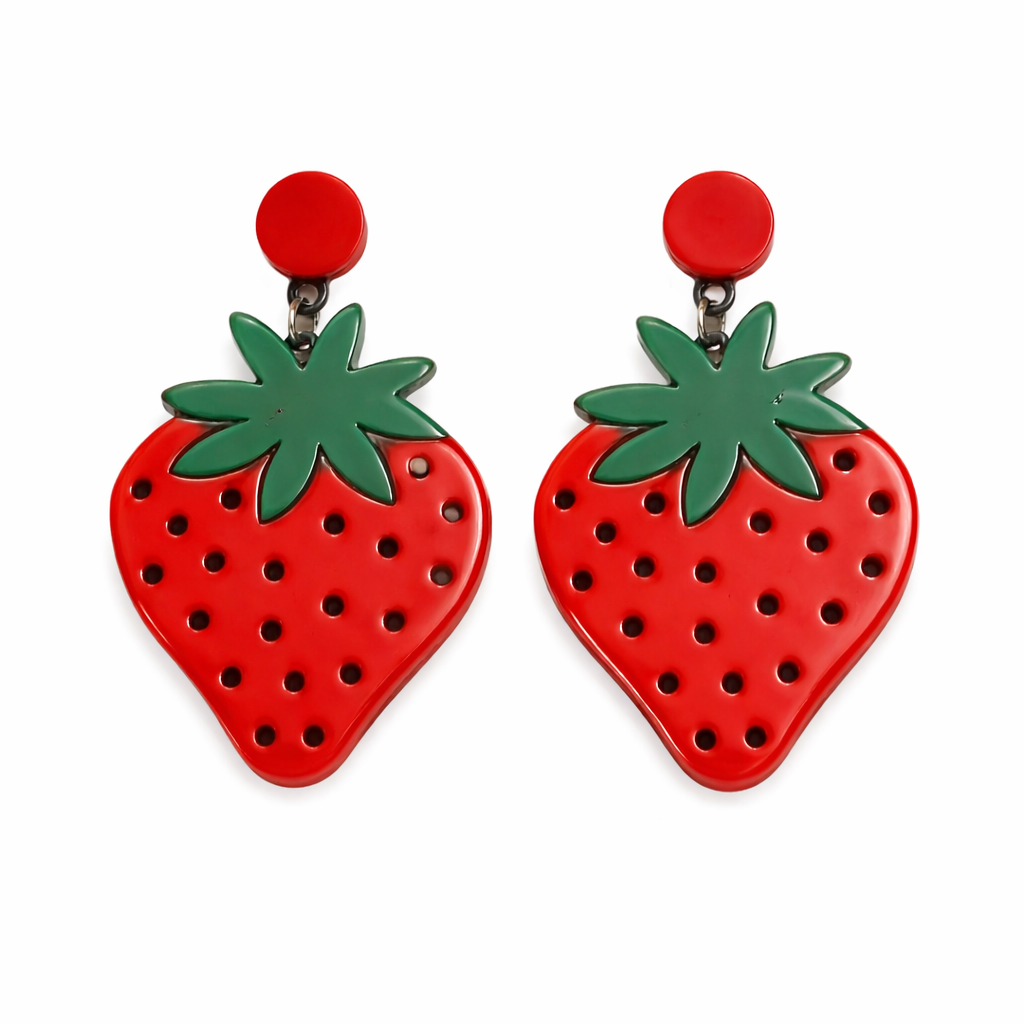 Strawberry Earrings UK – Cute Fruit Statement Drop Earrings (Red & Green Jewellery)