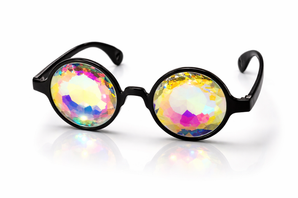 Black round kaleidoscope rave glasses with colourful prism lenses for festivals