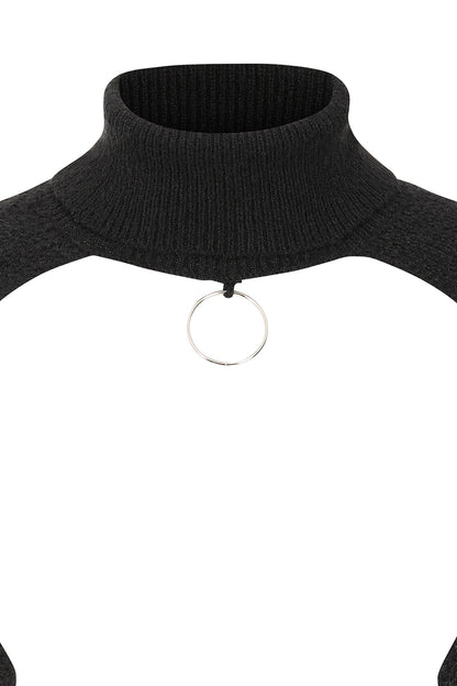 Black Cropped Knit Jumper with O-Ring Neck | Banned Apparel