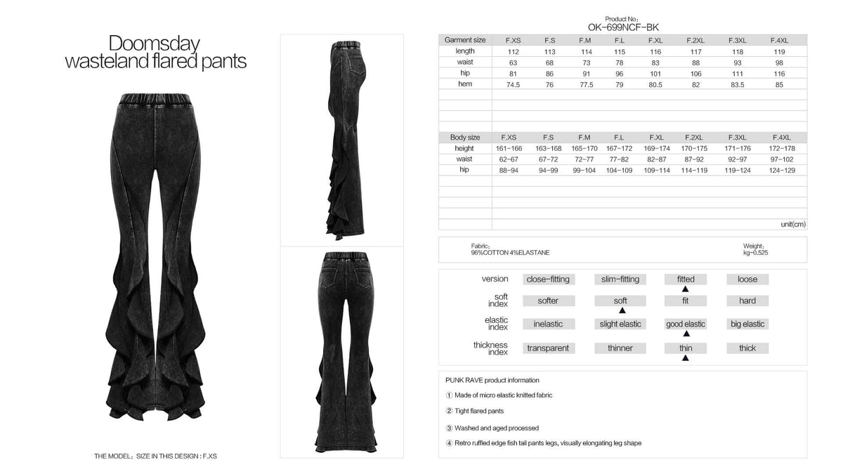 Black Washed Bell Flared Trousers with Ruffled Fishtail Hem | Punk Rave