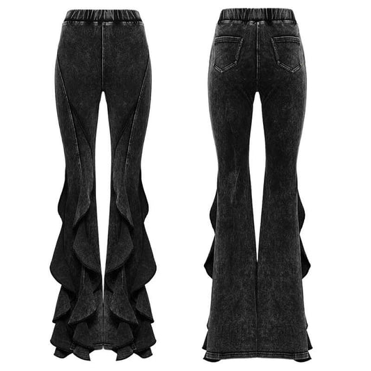 Black Washed Bell Flared Trousers with Ruffled Fishtail Hem | Punk Rave