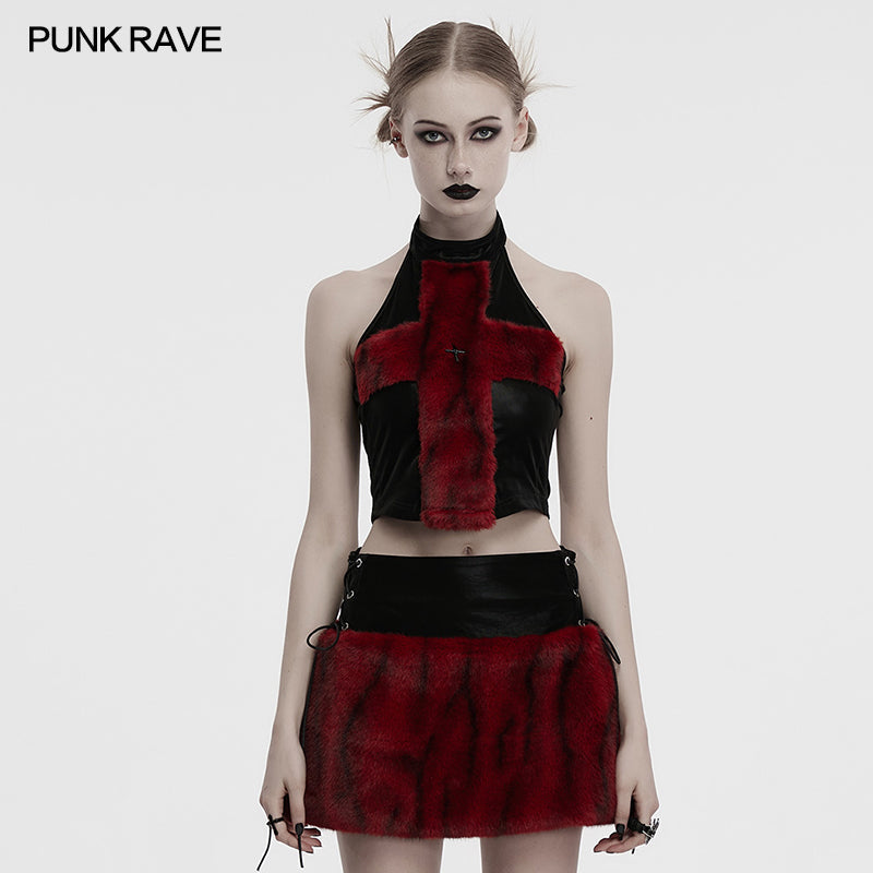 Crimson Cross Fur Rave Halter Top | Punk Rave | WonkiWear