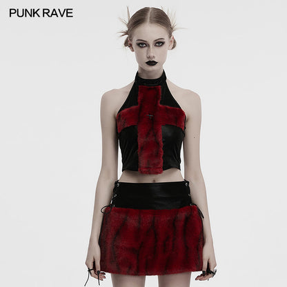 Crimson Cross Fur Rave Halter Top | Punk Rave | WonkiWear