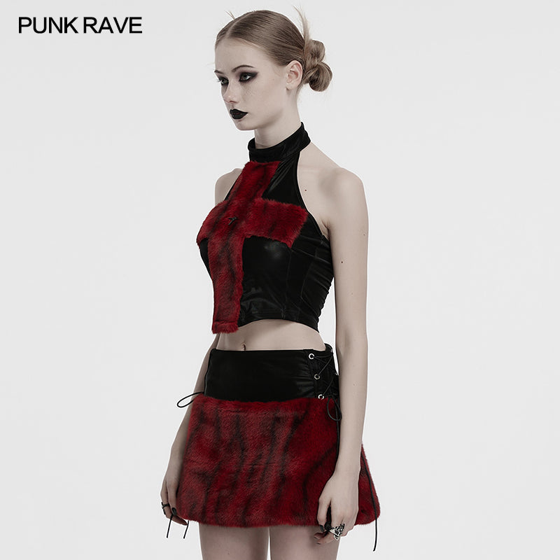 Crimson Cross Fur Rave Halter Top | Punk Rave | WonkiWear