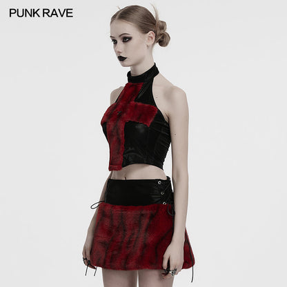 Crimson Cross Fur Rave Halter Top | Punk Rave | WonkiWear