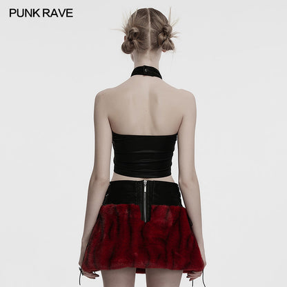 Crimson Cross Fur Rave Halter Top | Punk Rave | WonkiWear