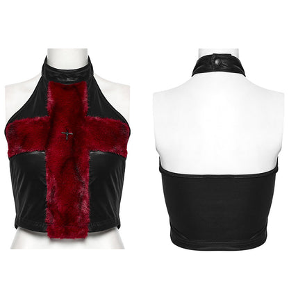 Crimson Cross Fur Rave Halter Top | Punk Rave | WonkiWear
