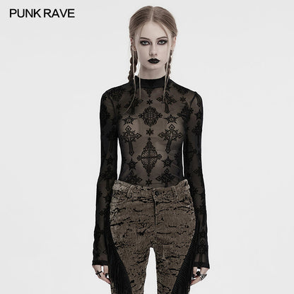 Black Cross Flocking Mesh Top | Punk Rave