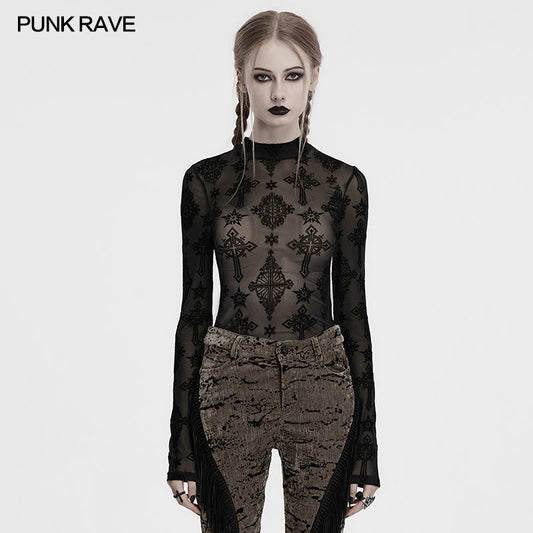 Black Cross Flocking Mesh Top | Punk Rave