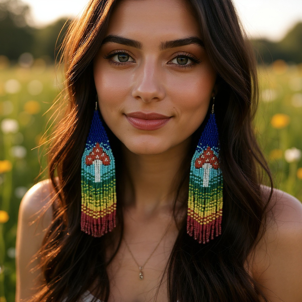 Beautiful woman wearing handmade beaded earrings with a colorful rainbow fringe and red-and-white mushroom design, finished with hypoallergenic surgical steel hooks.