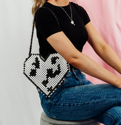 Cow Print Heart Bead Bag | Cow Print Statement Bag