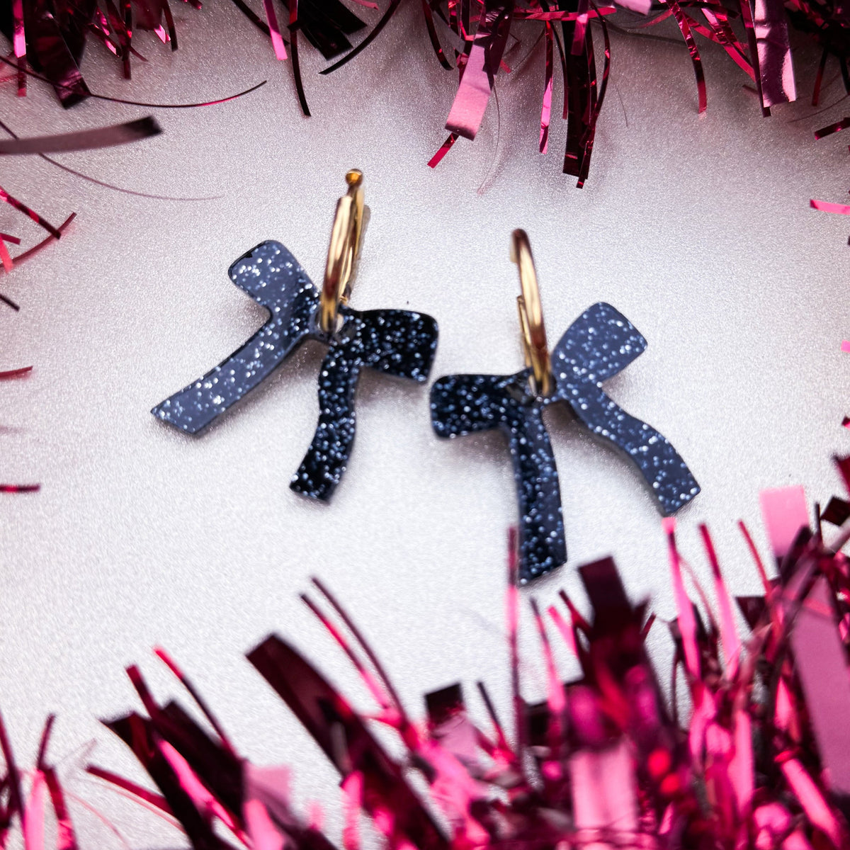 Sparkly Black Bow Hoop Earrings | Bow Jewellery