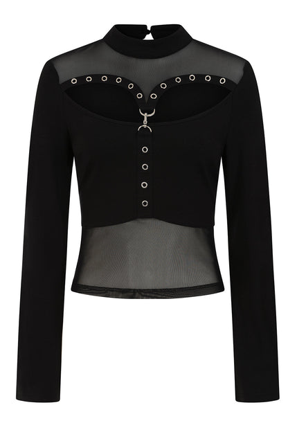 Cordelia Sheer Mesh Panel Goth Top with D-Ring | Banned Apparel