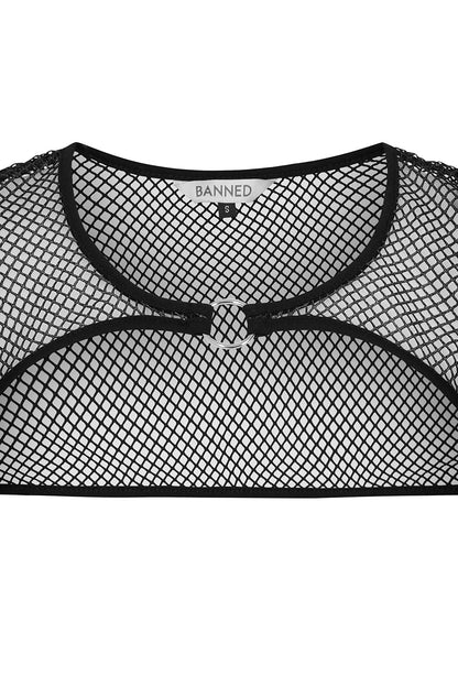 Blue-Black Metallic Fishnet Rave Crop Top | Banned Apparel