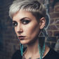 Beautiful woman with short blonde hair and piercings, wearing a pair of handmade beaded earrings featuring a triangular top and long black and teal fringe, hanging from hypoallergenic 316L surgical steel lever back hooks.