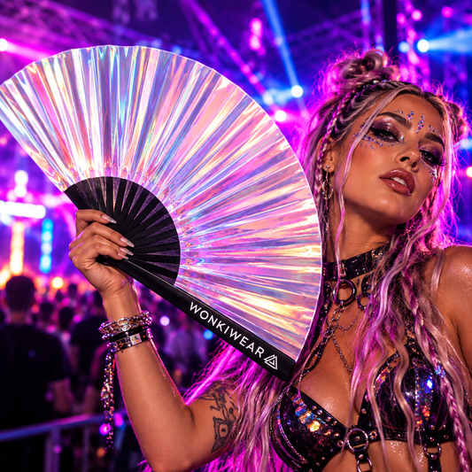Make a statement after dark with the Mermaid Wishes Iridescent XL Festival Fan — a shimmering rainbow-reflective fan designed to catch the lights and turn heads on the dancefloor.