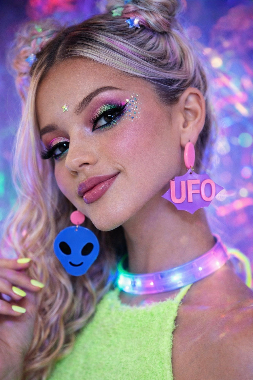 Model wearing alien earrings rave outfit UK