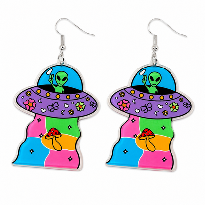 Alien mushroom UFO drop statement earrings for festivals and raves