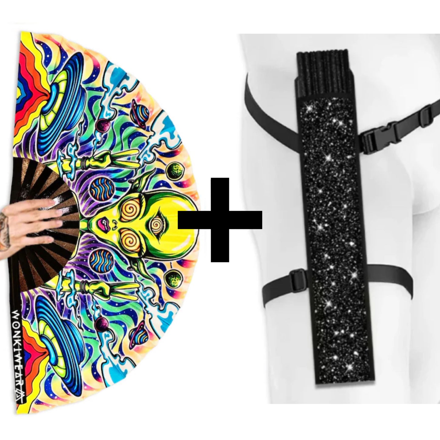 Alien Trip XL festival fan with optional shimmer fan black holster bundle