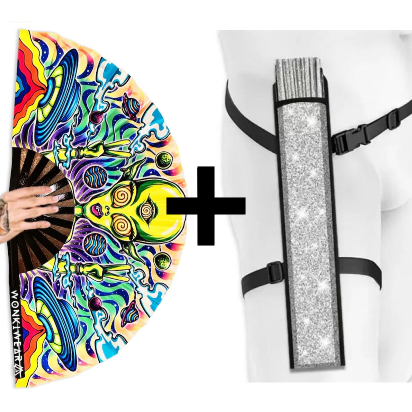 Alien Trip XL festival fan with optional shimmer fan silver holster bundle
