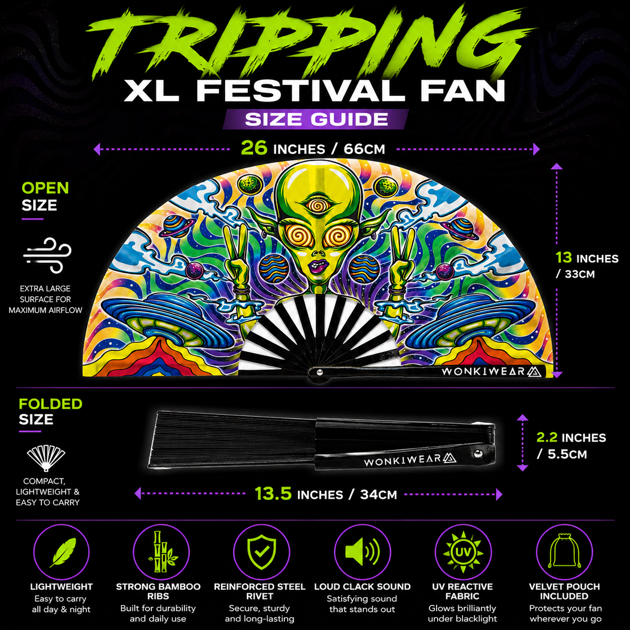 Alien Trip XL festival fan size guide showing 26 inch width and 13.5 inch folded length