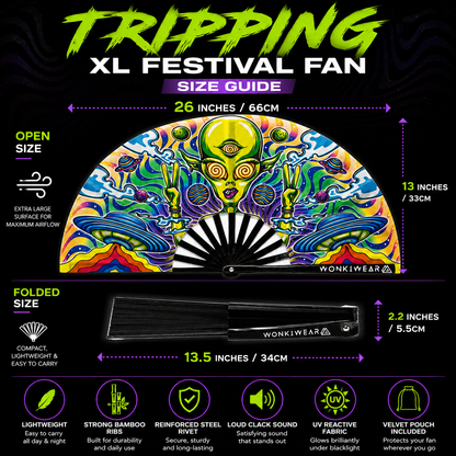 Alien Trip XL festival fan size guide showing 26 inch width and 13.5 inch folded length