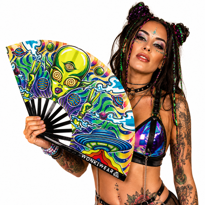 Festival model holding Alien Trip XL UV reactive alien rave fan