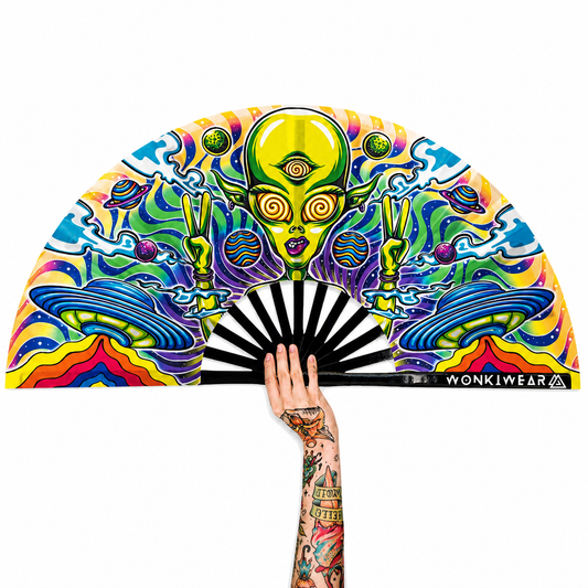 Alien Trip XL festival fan featuring psychedelic alien artwork and black bamboo ribs
