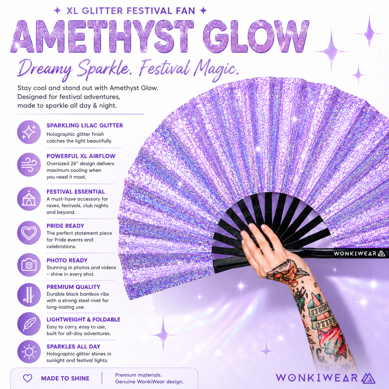 Benefits infographic for Amethyst Glow lilac glitter festival fan
