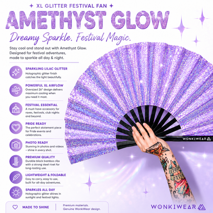 Benefits infographic for Amethyst Glow lilac glitter festival fan
