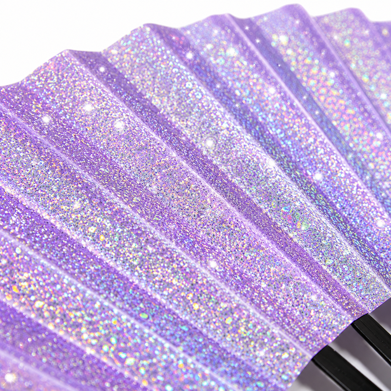 Close-up of lilac glitter festival fan showing sparkling glitter detail