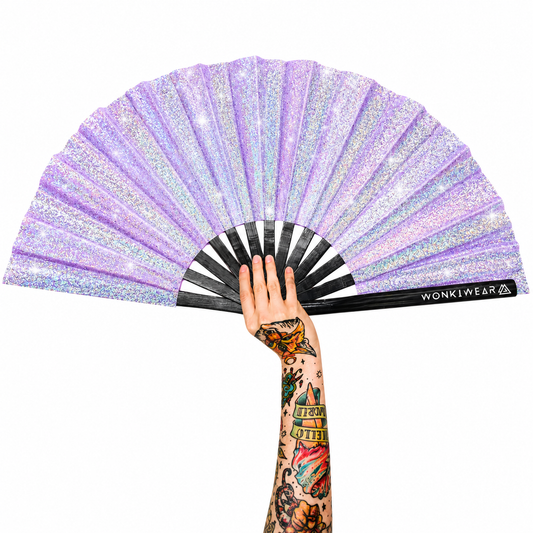 Amethyst Glow XL lilac glitter festival fan with black bamboo ribs