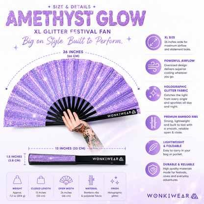 Size guide showing dimensions of Amethyst Glow XL glitter festival fan